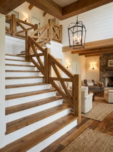 Farmhouse staircase showcasing decorative X-pattern railings inspired by traditional barn architecture.
