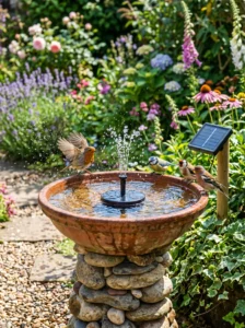 Solar fountain bird bath attracting birds with moving water.