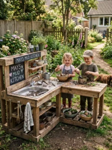 Repurposed stainless steel kitchen sink installed in a DIY wooden mud kitchen.