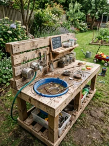 Removable bucket sink installed in a budget-friendly DIY mud kitchen.
