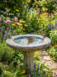 Concrete bird bath with colorful mosaic accents in a flower-filled garden.