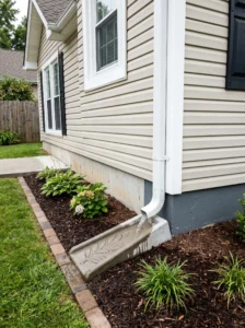 "Concrete splash block protecting soil and foundation from concentrated runoff."