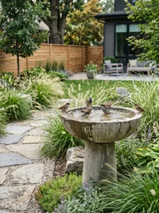 Concrete bowl bird bath in a modern backyard garden.