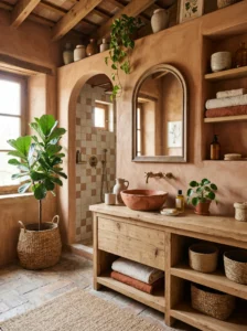 Terracotta bathroom with earthy tones, wood accents, and organic styling.