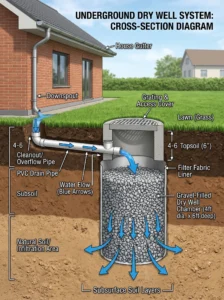 "Underground dry well collecting and dispersing rainwater from a home's drainage system."