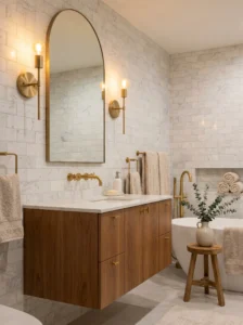 Brass bathroom sconces adding warmth and elegance to a luxury vanity area.