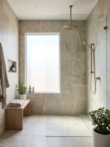 Floor-to-ceiling tiled shower creating a tall and luxurious bathroom appearance.