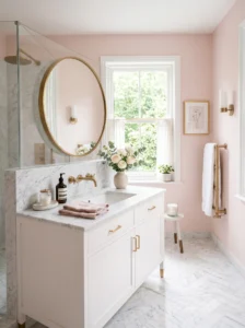 Blush pink bathroom with brass accents and elegant marble details.