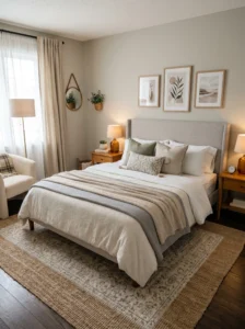 Budget-friendly bedroom styled with luxury bedding and textures for an upscale look.