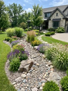 "Decorative dry creek bed that channels rainwater while enhancing landscape design."