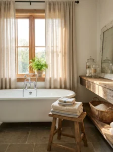 Freestanding clawfoot bathtub in a bright farmhouse bathroom.