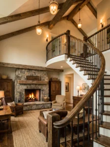 Farmhouse stair railing combining wrought iron spindles with rustic wooden handrails.