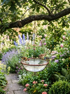 Hanging bird bath attached to a tree branch in a backyard.