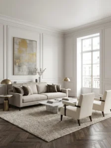 Living room with decorative wall molding and elegant architectural details.