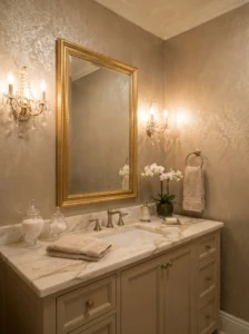 Elegant powder room with subtle metallic wallpaper and brass fixtures.