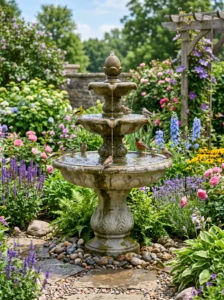Tiered concrete bird bath fountain with flowing water attracting birds.