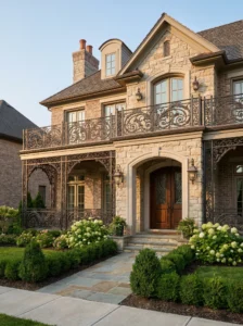 Decorative wrought iron porch railings adding elegance and durability.
