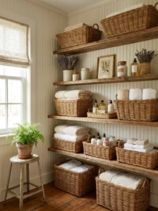 Woven baskets used for storage in a farmhouse bathroom.