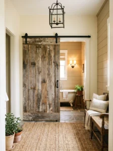 Rustic barn door leading into a farmhouse bathroom.