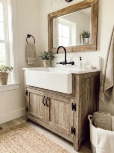White farmhouse sink paired with a rustic vanity.
