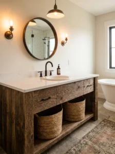 Rustic wood vanity in a cozy farmhouse bathroom.