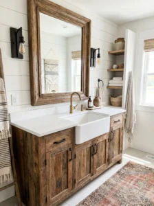 Vintage framed mirror above a farmhouse bathroom vanity.