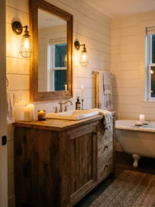 Vintage wall sconces above a farmhouse bathroom vanity.