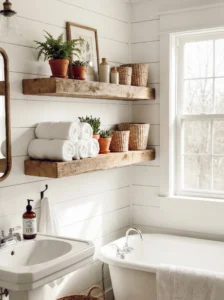 Open wood shelves with towels and baskets in a farmhouse bathroom.