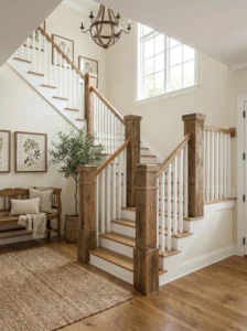 Farmhouse stair railing with chunky wood posts and simple white balusters.