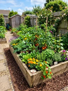 "Completed raised garden bed planted with vegetables and herbs."
