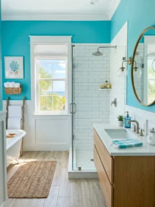 Aqua blue bathroom with fresh coastal-inspired styling and bright decor.