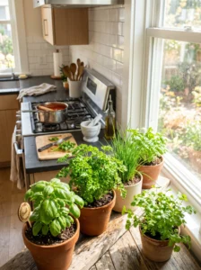 Fresh herbs growing on a kitchen windowsill near the cooking area.