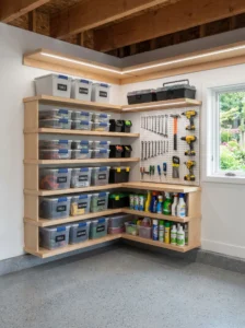 Corner shelving system maximizing storage space in a garage.