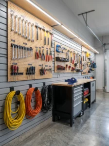 Wall-mounted garage storage system with neatly organized tools and accessories.