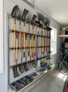 Long-handled garden and cleaning tools neatly stored on wall-mounted racks.