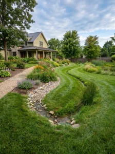 "Grass-covered drainage swale directing stormwater safely away from a house."