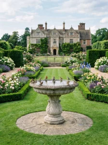 Large estate-style concrete bird bath serving as a garden focal point.