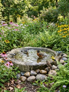 Ground-level concrete bird bath integrated into a natural wildlife garden.