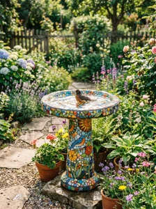 Colorful mosaic bird bath made with decorative tiles.