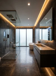 Smart bathroom equipped with advanced technology and modern fixtures.