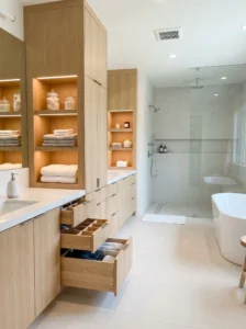 Bathroom with integrated storage solutions and organized cabinetry.