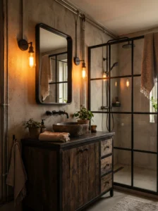 Vintage Edison bulb sconces bringing industrial charm and warm light to a bathroom.