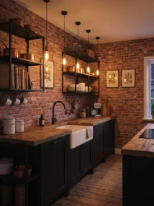 Industrial kitchen showcasing realistic faux brick wallpaper and rustic wood accents.