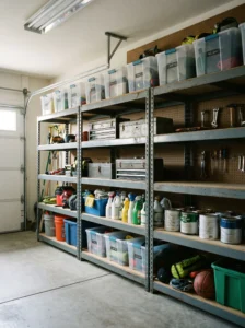Heavy-duty metal garage shelving with neatly arranged storage containers.