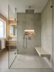 Floating shower bench inside a spacious modern walk-in shower.