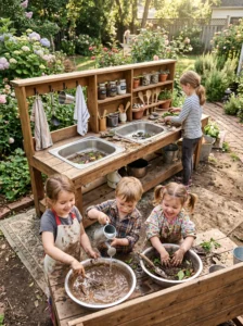Double-sink mud kitchen designed for multiple children playing outdoors.