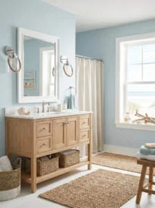 Coastal-style rope and glass sconces creating a relaxed beach-inspired bathroom.
