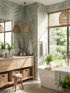 Bathroom with tropical palm leaf wallpaper and resort-style decor.