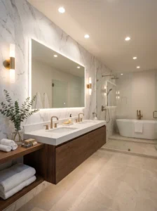 Elegant bathroom with marble-look wallpaper and gold fixtures.
