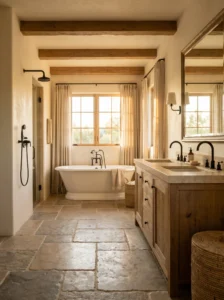 Farmhouse bathroom blending natural stone and wood elements.